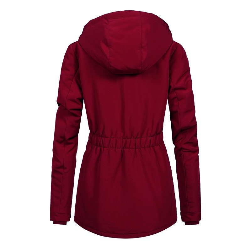 Stylish 3Sixty5 polar contour coat for women in burgundy with a cinched waist and hood