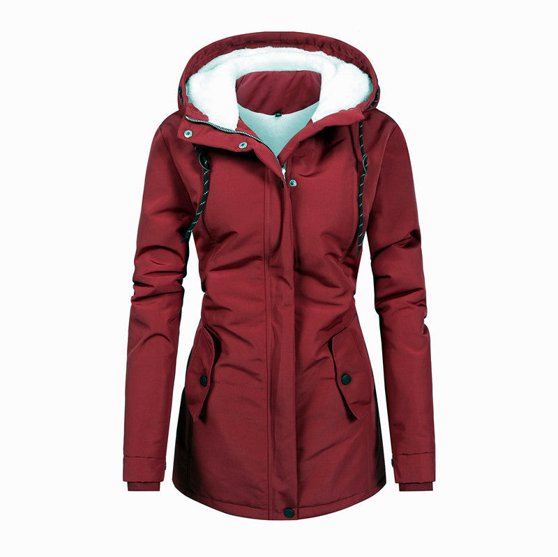Stylish 3Sixty5 Polar Contour Coat for Women in Burgundy with Soft Inner Lining and Hood