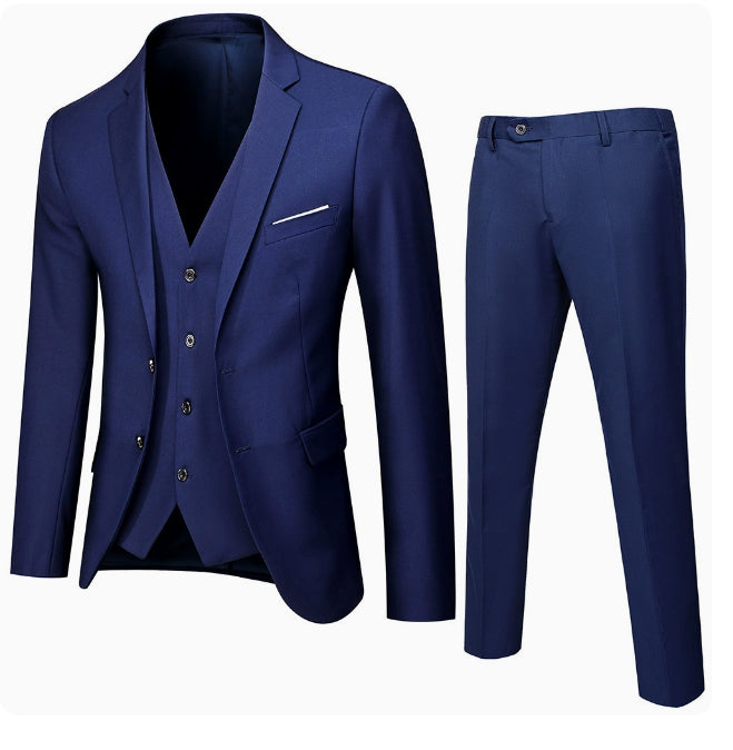 Premium men's cotton suit in navy blue featuring a stylish jacket and matching trousers