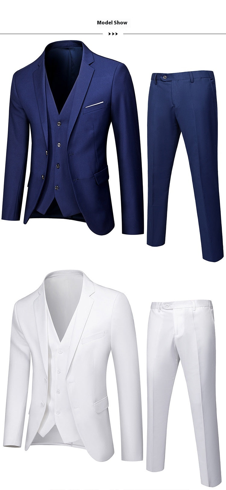 Premium men's cotton suit in navy and white featuring a stylish blazer and tailored pants