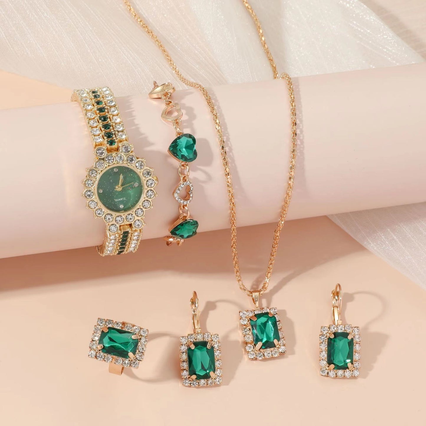 Stylish 3Sixty5 Jewelry Set featuring Quartz Watch Ring Gift Box with Green Gemstones and Gold Accents