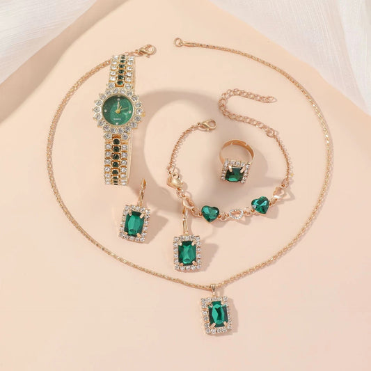Elegant Jewelry Set featuring Quartz Watch Ring Gift Box, earrings, necklace, and bracelet with emerald stones