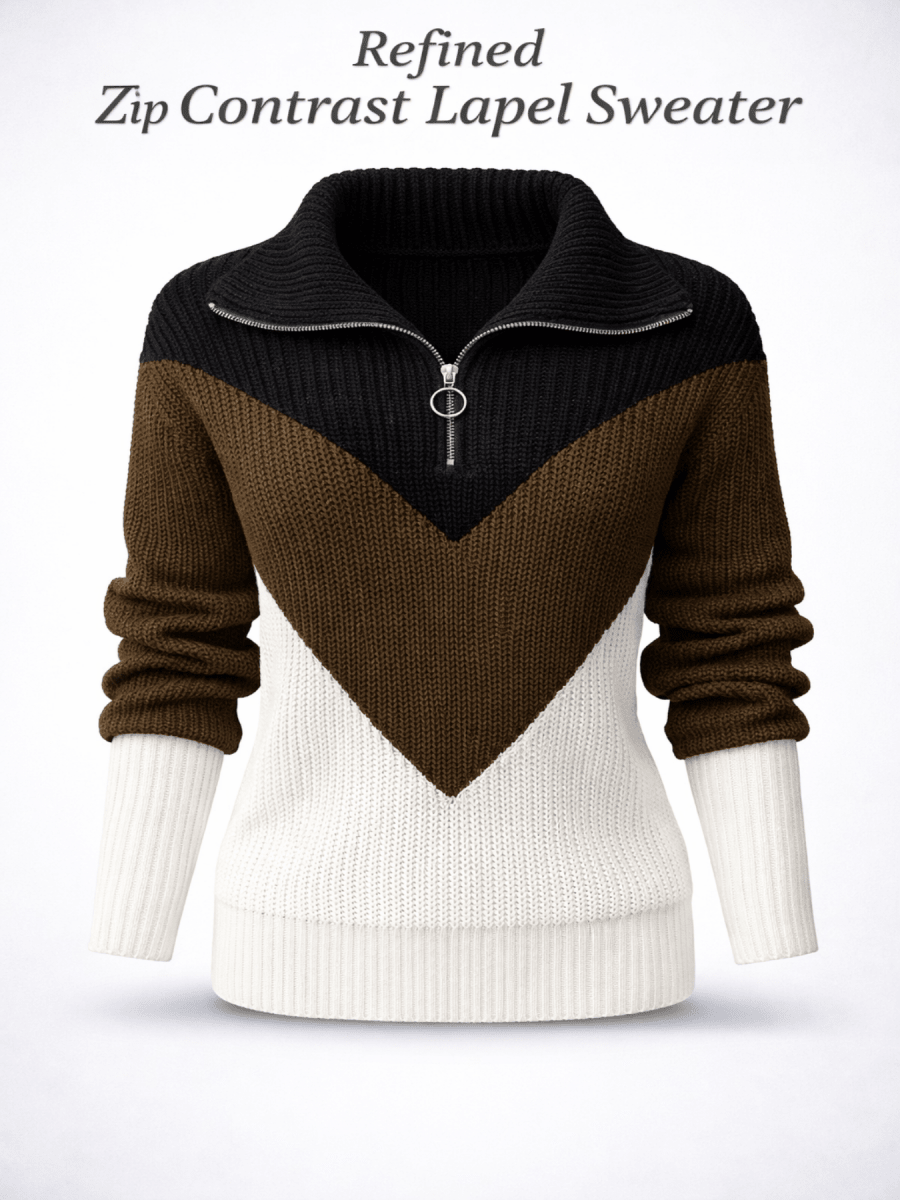 Refined Zip Contrast Lapel Sweater - Stylish 3Sixty5