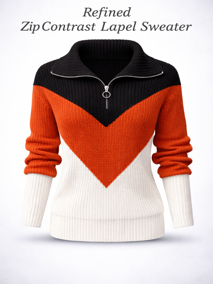 Refined Zip Contrast Lapel Sweater - Stylish 3Sixty5