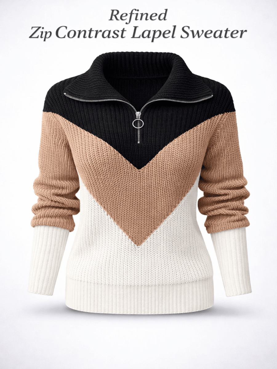 Refined Zip Contrast Lapel Sweater - Stylish 3Sixty5