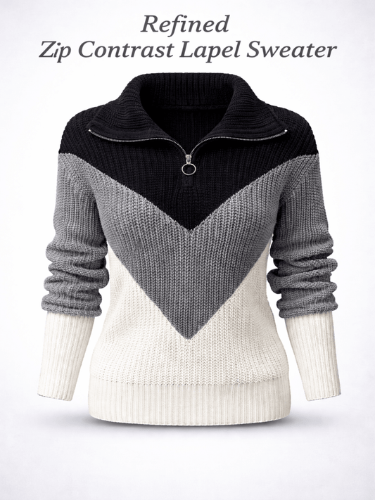 Refined Zip Contrast Lapel Sweater - Stylish 3Sixty5