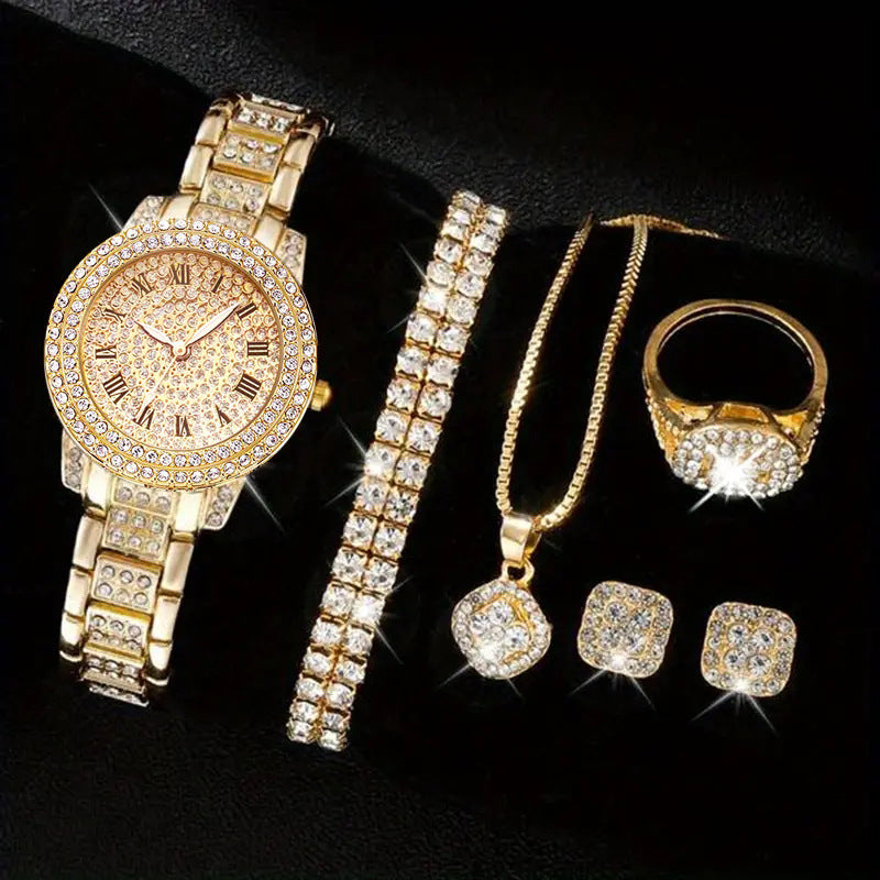 Stylish 3Sixty5 gold jewelry set featuring a Roman numeral watch for women with sparkling embellishments