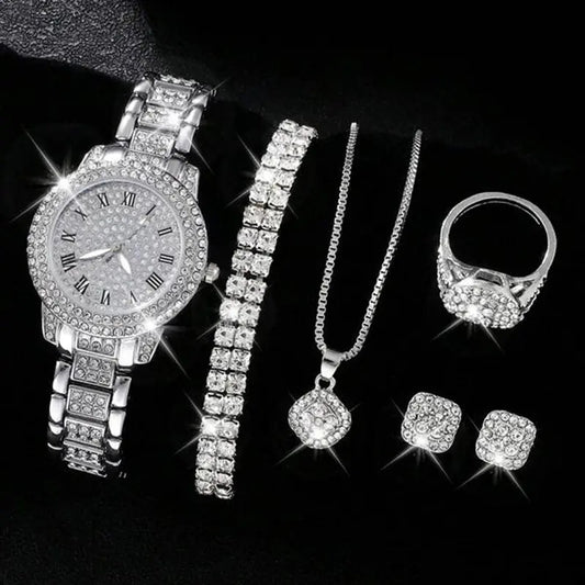 Elegant jewelry set featuring a Roman numeral watch for women, sparkling bracelets, necklace, ring, and earrings.