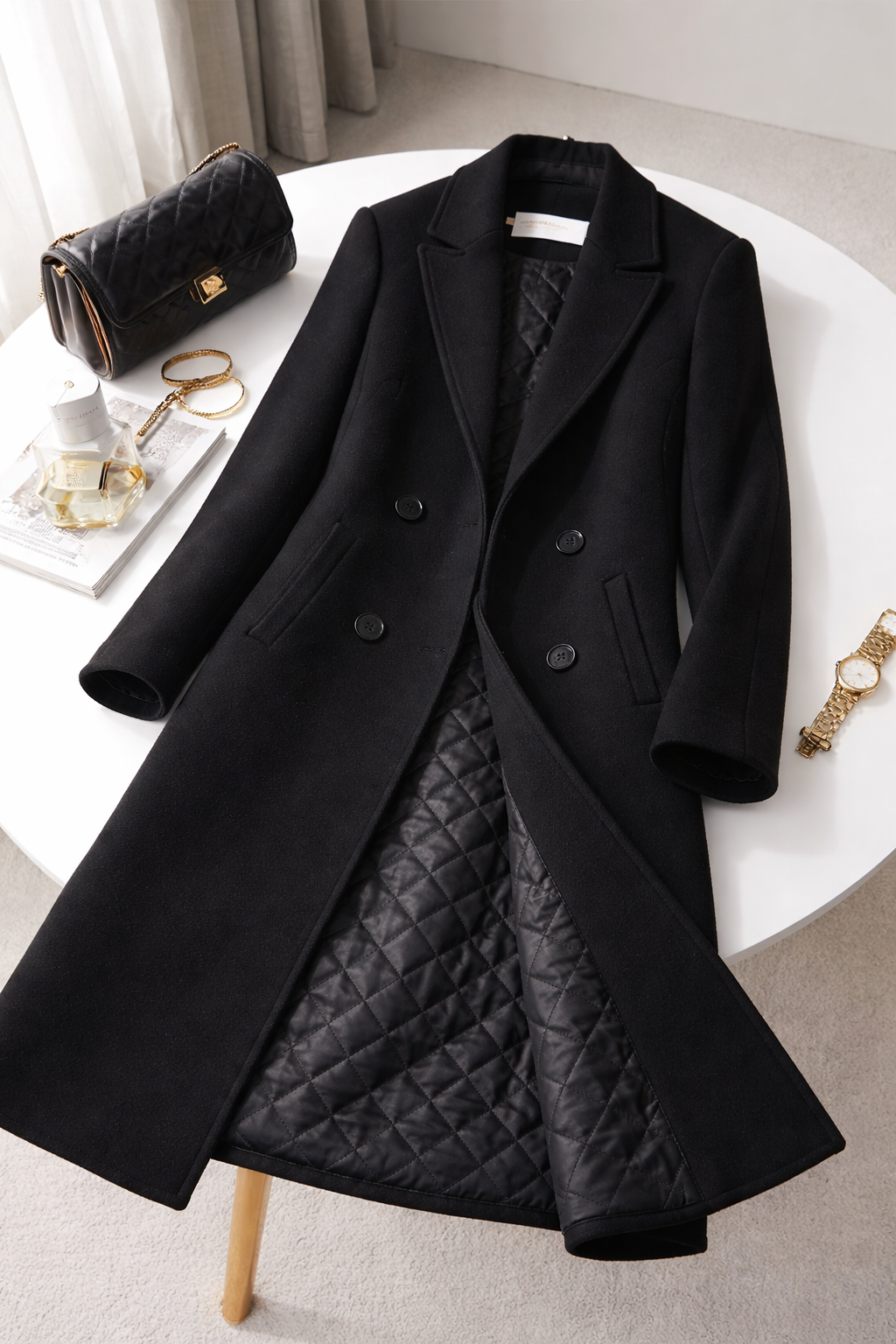 Stylish 3Sixty5 sculpted long winter coat in black with a quilted interior for warmth and elegance