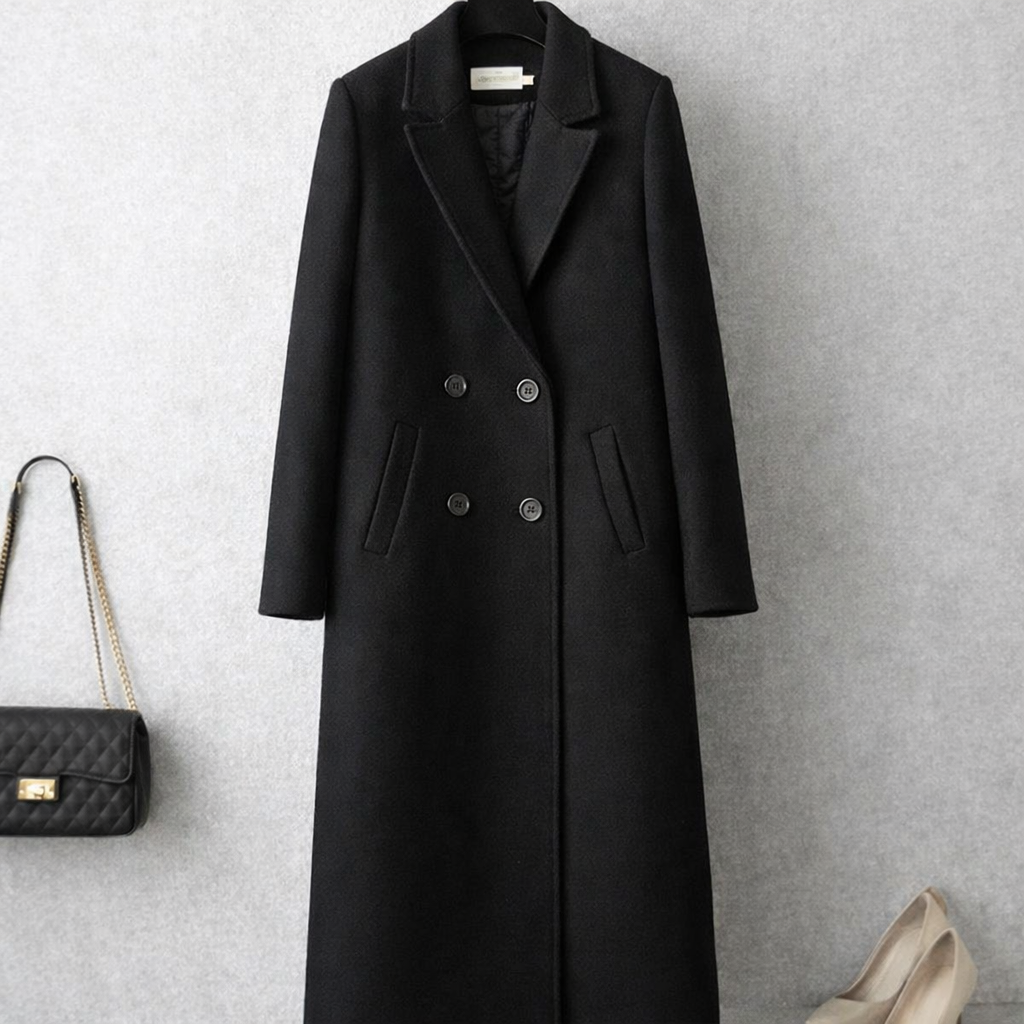 Stylish 3Sixty5 sculpted long winter coat in black with elegant double-breasted design