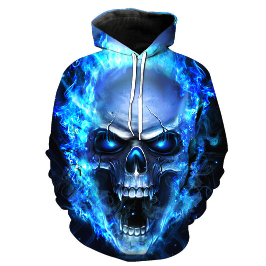 Stylish 3Sixty5 skull print hooded jacket featuring a vivid blue flame design and dramatic skull graphic