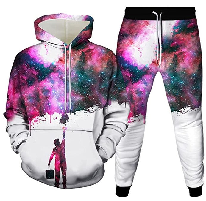 Colorful galaxy print sleek jogger and sweater outfit for trendy casual wear