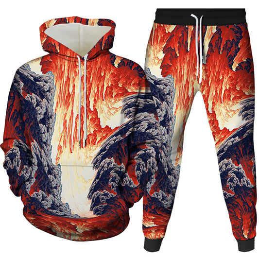 Stylish 3Sixty5 sleek jogger and sweater outfit featuring a vibrant lava and wave design