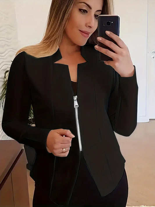 Sleek women's zip jacket in black, featuring a modern design and flattering fit for stylish looks