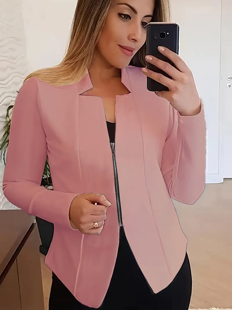 Sleek women's zip jacket in soft pink with a modern fit and stylish neckline