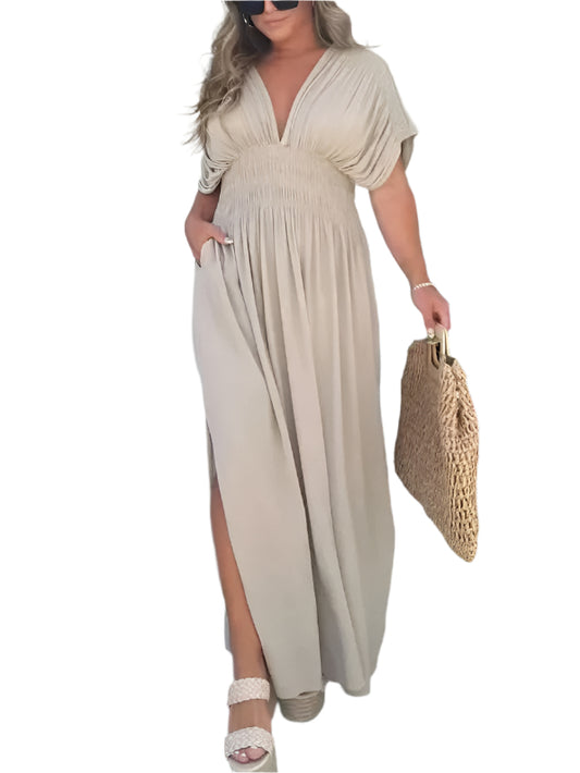 Chic beige slit summer dress by Stylish 3Sixty5 with a flattering deep v-neck and flowy silhouette