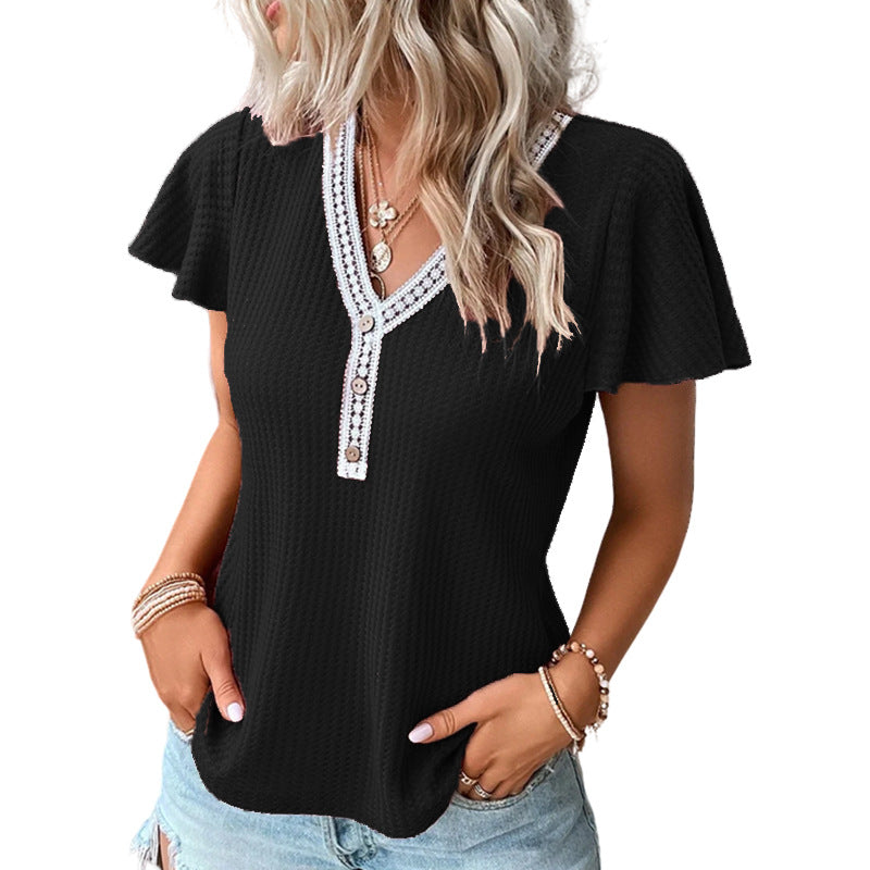 Stylish 3Sixty5 black T-shirt with soft waffle texture and decorative button details
