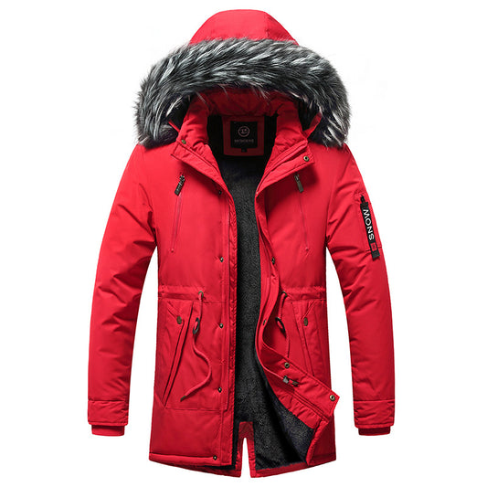 Stylish men's winter coat by Stylish 3Sixty5 in red with faux fur trim and warm lining