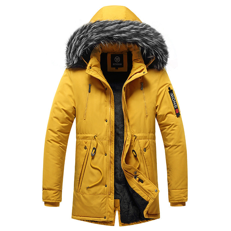 Stylish men's winter coat in bright yellow with faux fur hood and adjustable fit for cold weather