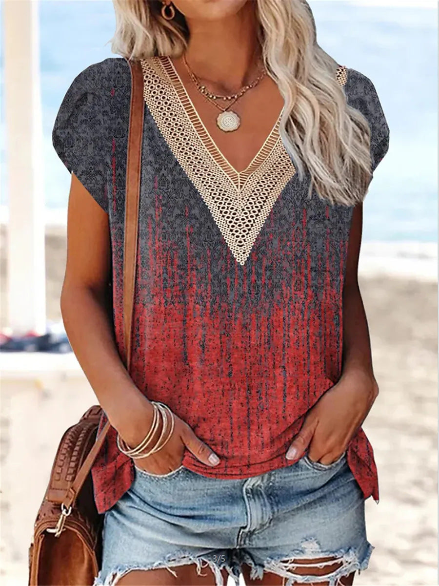 Stylish 3Sixty5 summer lace v-neck top in red and gray gradient with short sleeves