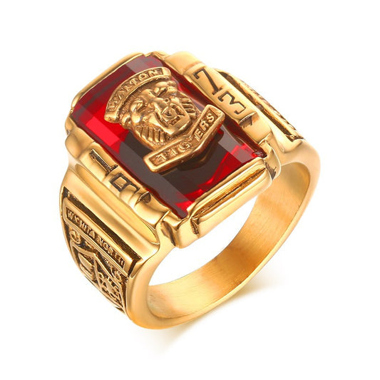 Stylish 3Sixty5 TitanTiger 1973 ring with red stone and detailed lion design in gold finish