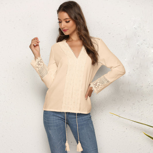 Stylish 3Sixty5 trendy chiffon tops in cream with lace detailing and tassel accents