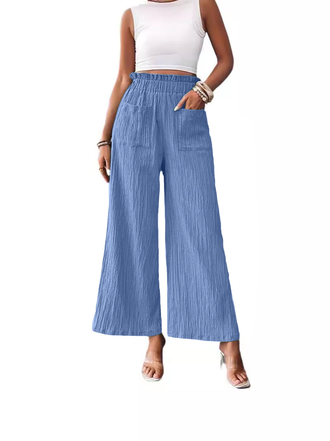 Stylish 3Sixty5 Smooth Silhouette Pants in light blue with wide legs and side pockets