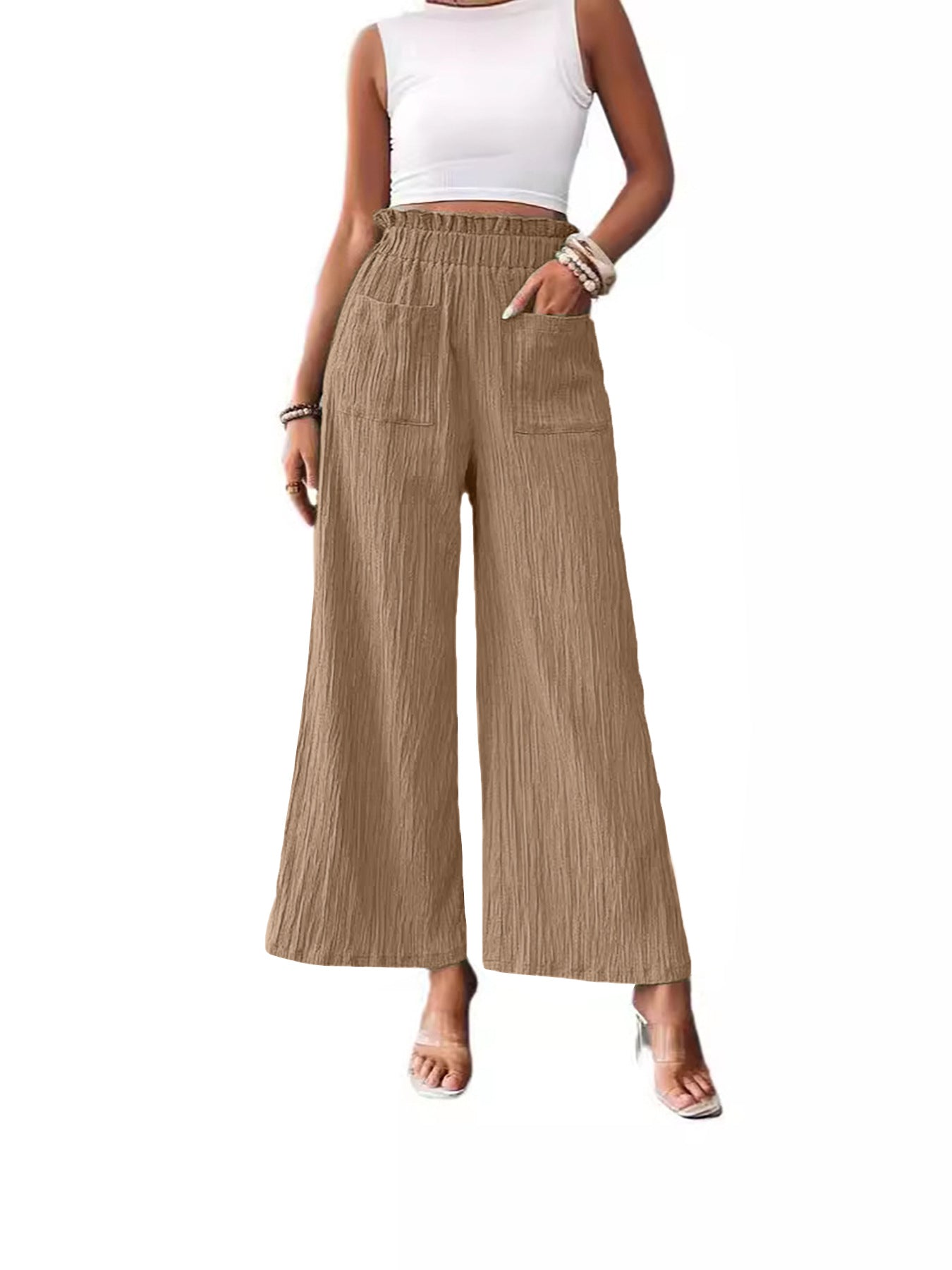 Stylish 3Sixty5 Smooth Silhouette Pants in beige with a comfortable elastic waistband and wide-leg design