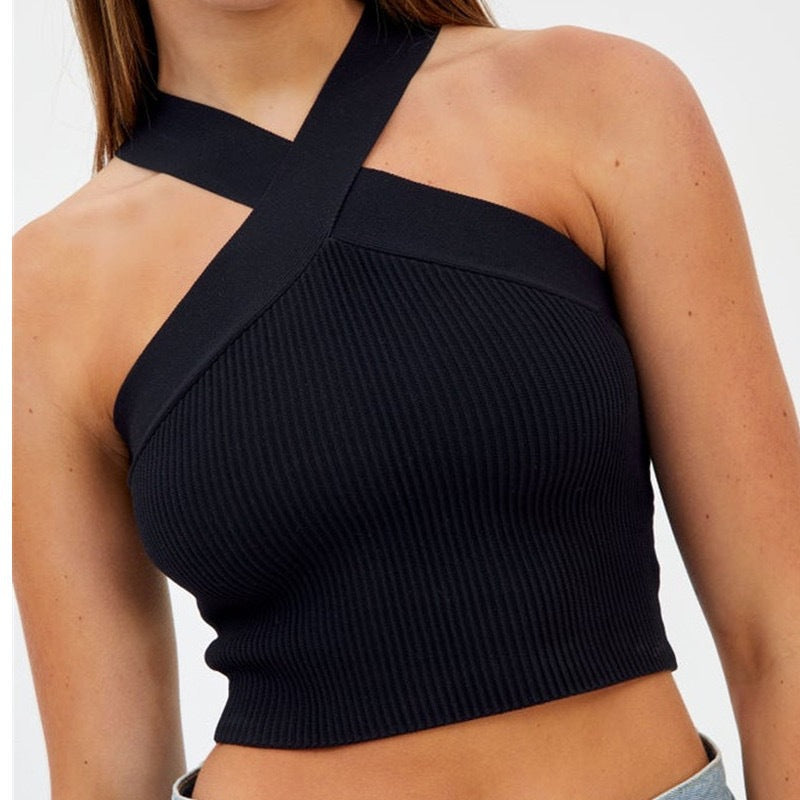Stylish 3Sixty5 soft stretch knit halter tank in black with a trendy design for casual wear