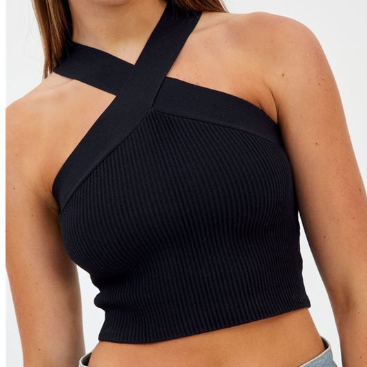 Stylish 3Sixty5 soft stretch knit halter tank in black with a trendy design for casual wear