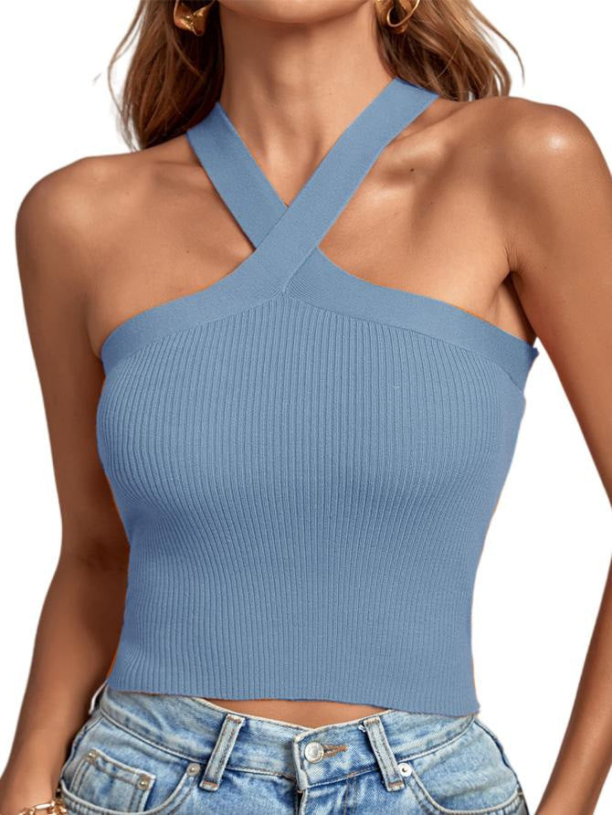 Stylish 3Sixty5 Soft Stretch Knit Halter Tank in Blue with Crossed Straps for a Trendy Look