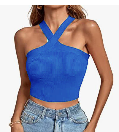 Stylish 3Sixty5 soft stretch knit halter tank in blue, perfect for casual summer outfits