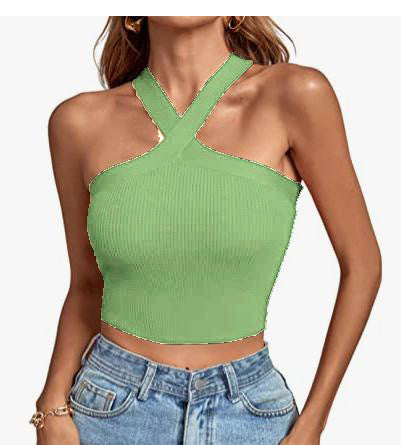 Stylish 3Sixty5 soft stretch knit halter tank in green with crisscross straps and ribbed texture