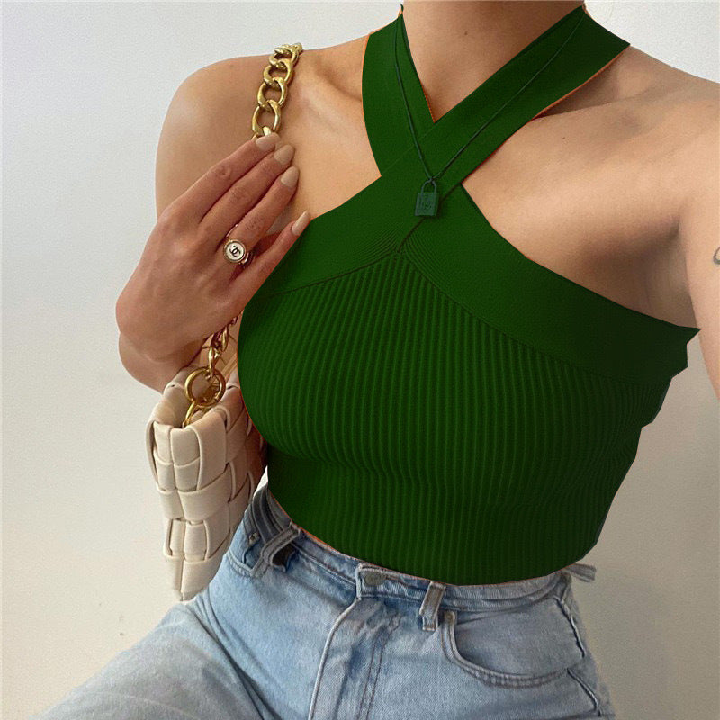 Stylish 3Sixty5 soft stretch knit halter tank in green, featuring a unique design and ribbed texture
