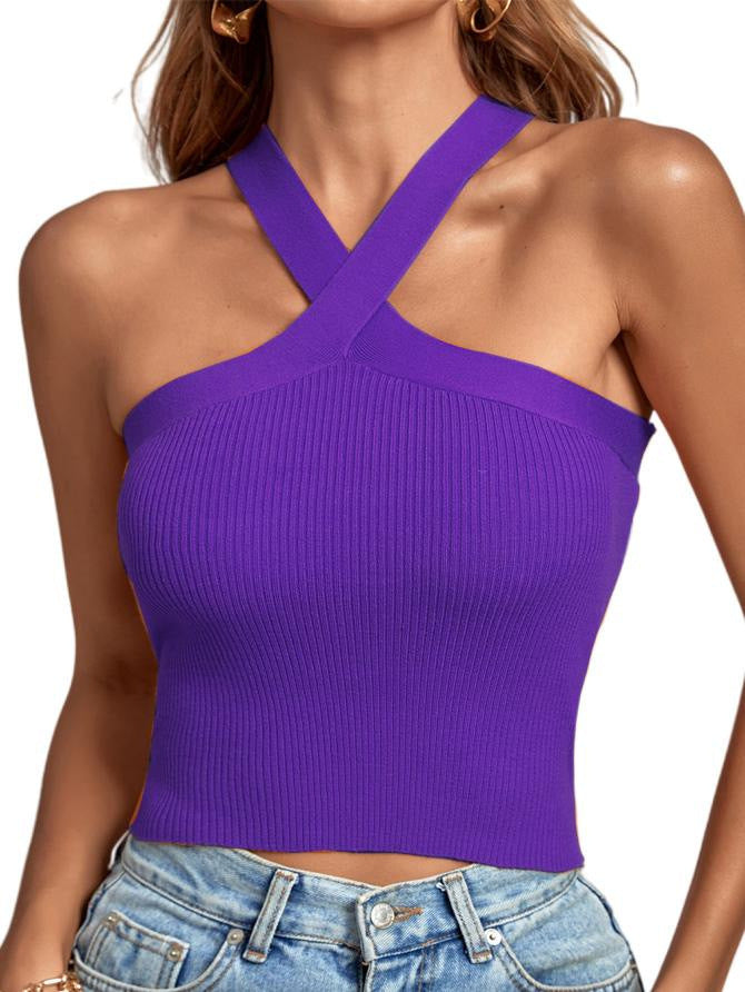 Stylish 3Sixty5 soft stretch knit halter tank in vibrant purple for a trendy summer look