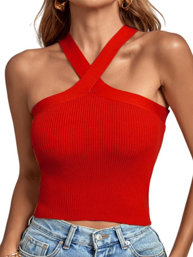 Stylish 3Sixty5 soft stretch knit halter tank in vibrant red, perfect for casual summer outfits