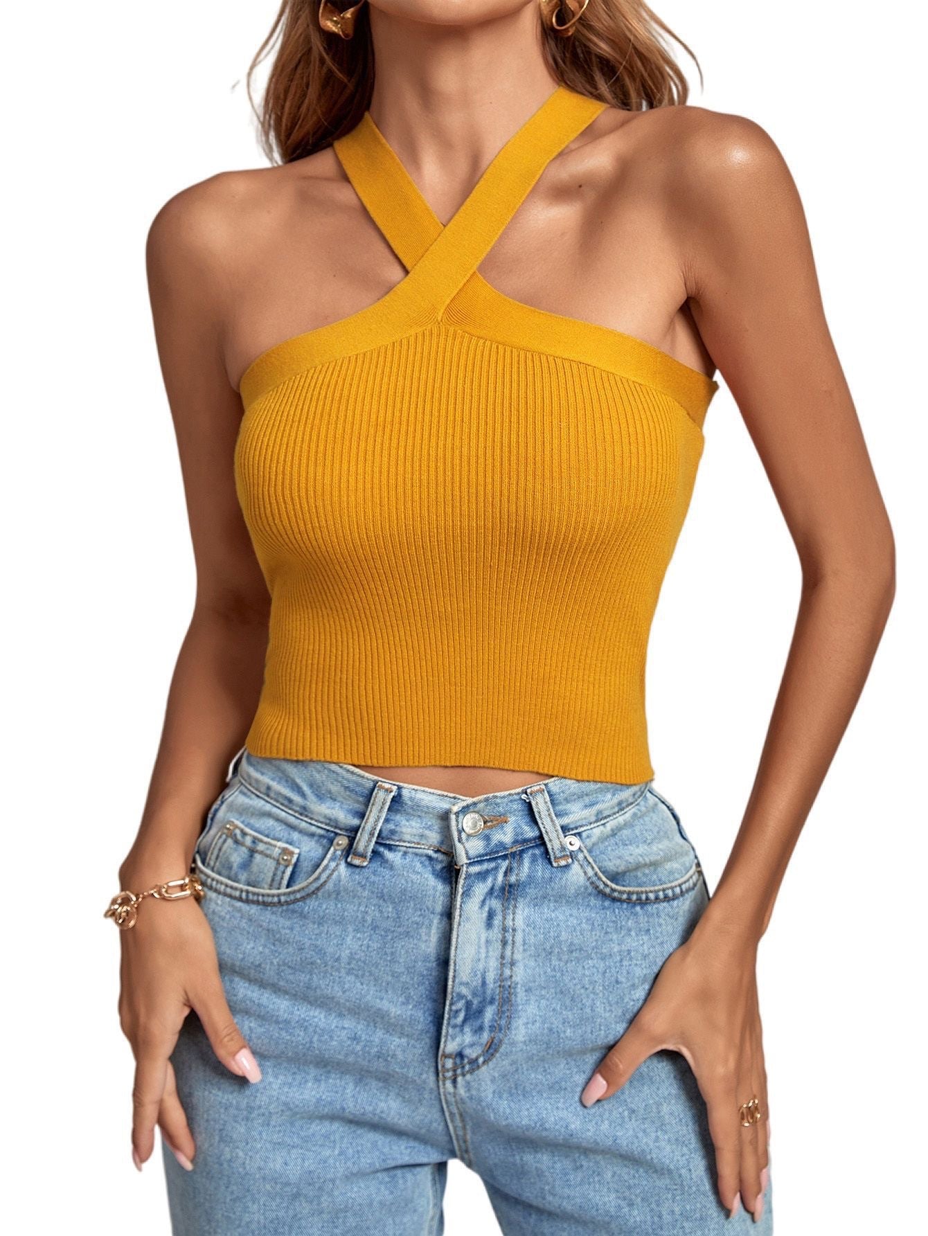 Stylish 3Sixty5 soft stretch knit halter tank in mustard yellow, perfect for summer outfits
