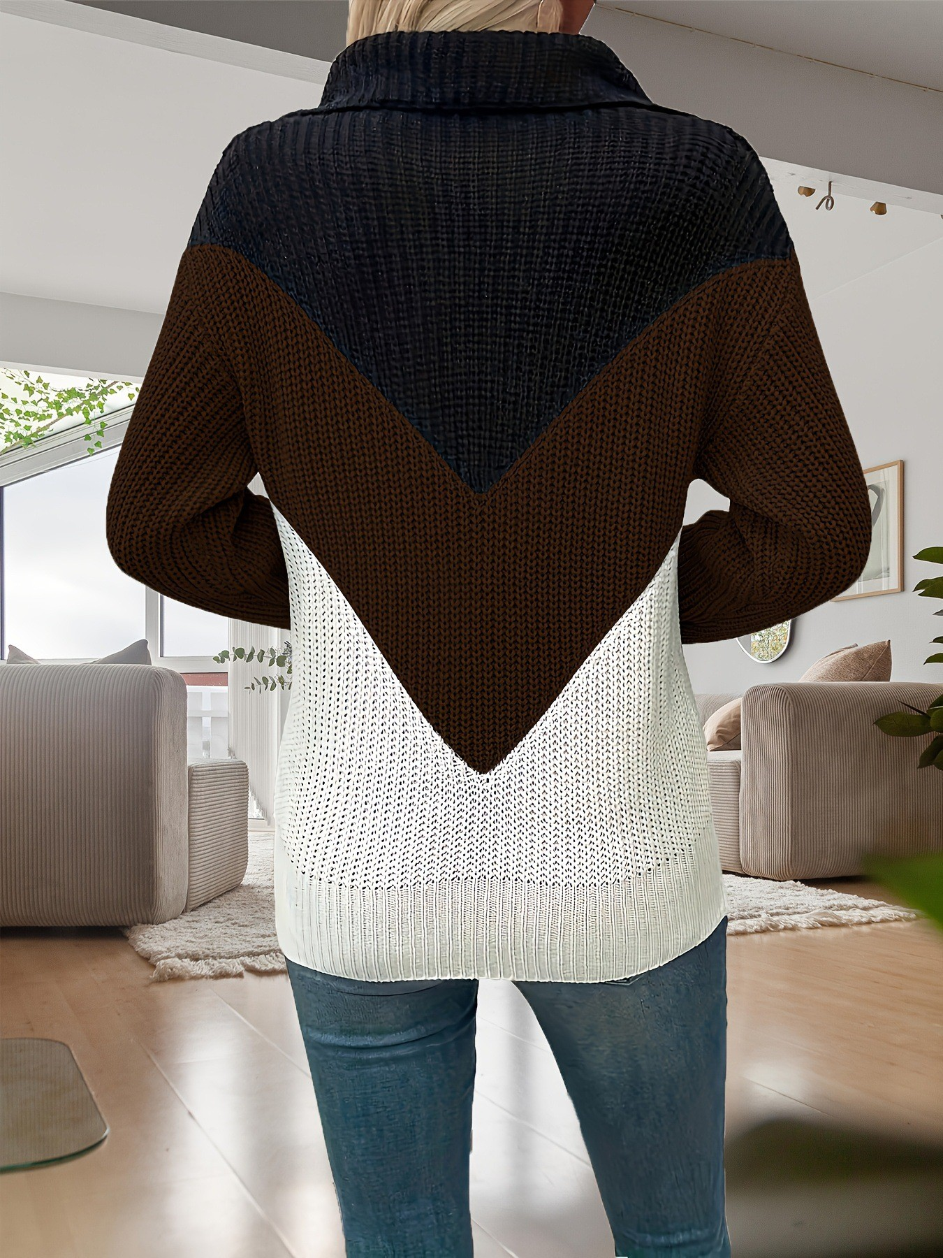Stylish 3Sixty5 zip contrast lapel sweater with a modern chevron design in brown, navy, and white.