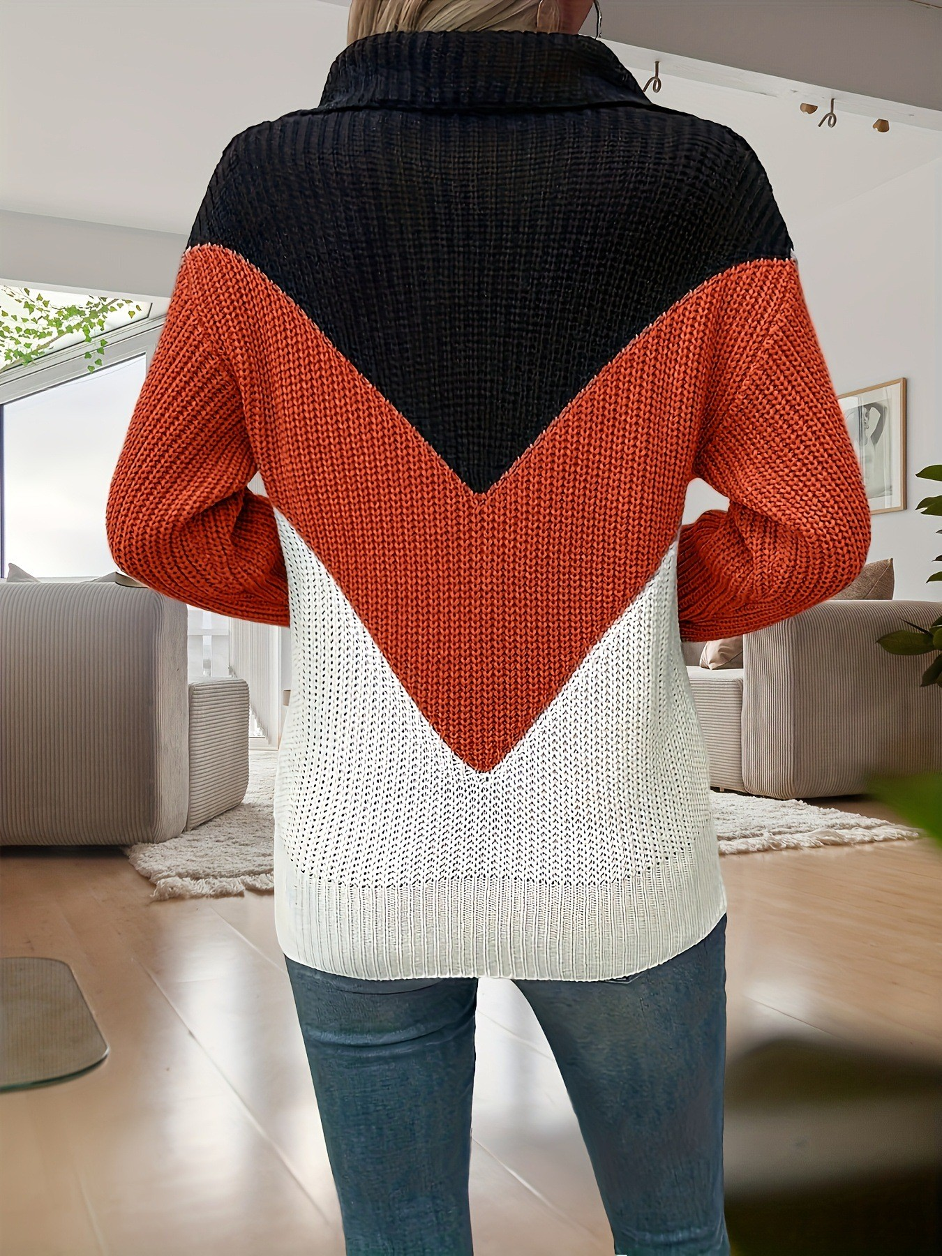 Back view of Stylish 3Sixty5 zip contrast lapel sweater featuring an eye-catching chevron pattern